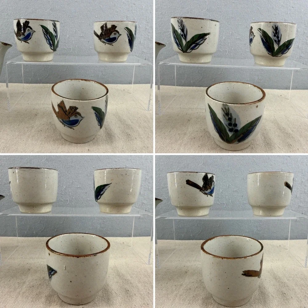 Vintage Tonala Mexican Pottery Tea Set Teapot 3 Cups Bird‎ Floral Burnished